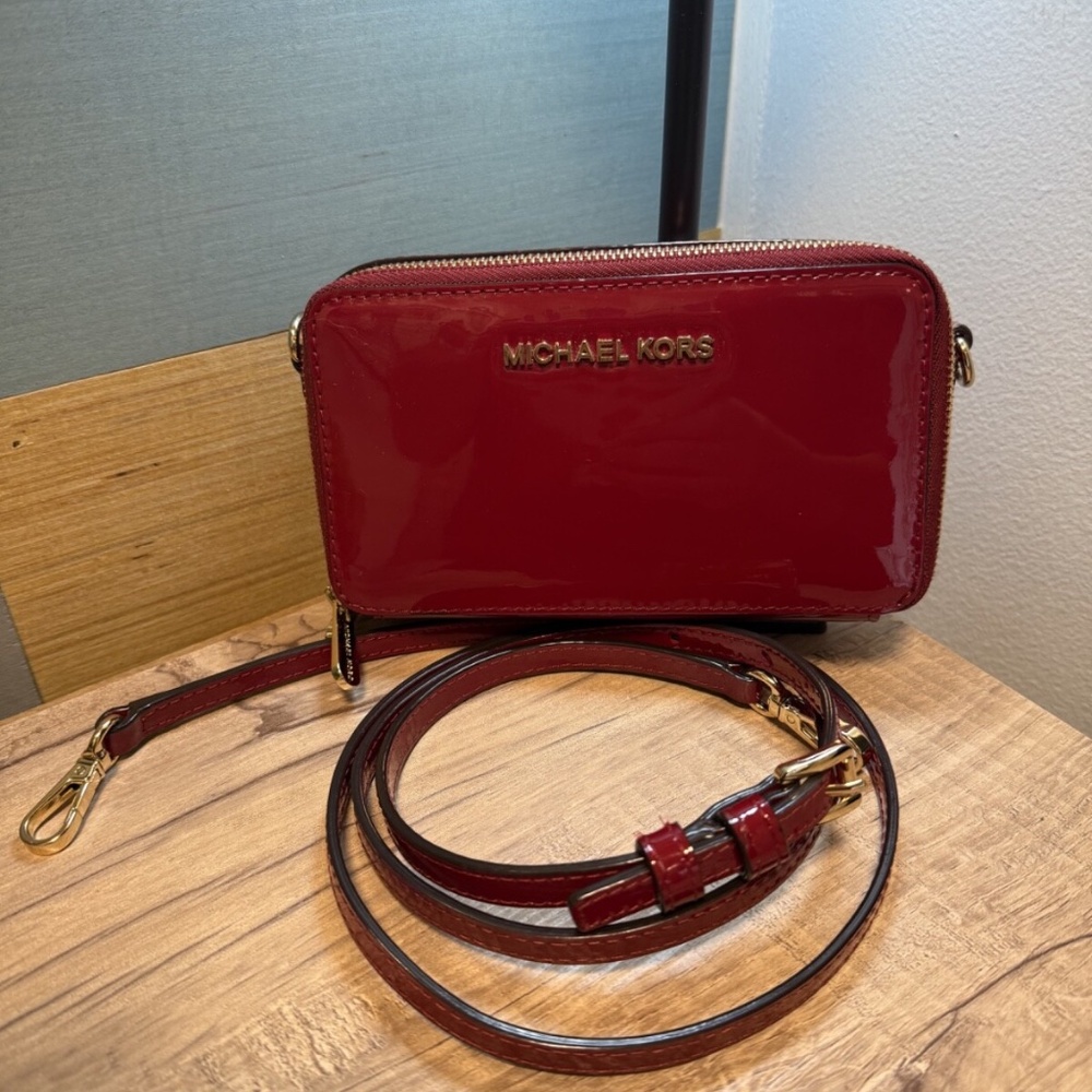 Michael Kors Cherry Red Patent Wallet Crossbody Purse Clutch
